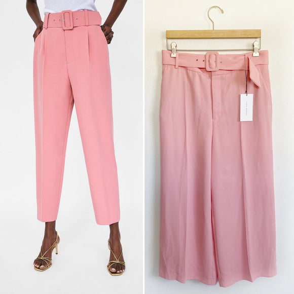 ZARA Pink Cropped Wide Leg Trousers Belted NWT Large