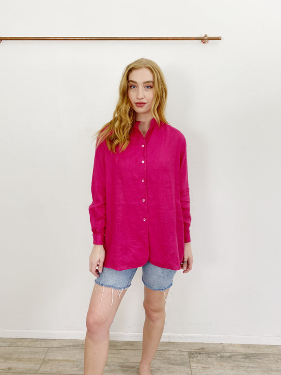 Saks Fifth Avenue Real Clothes Linen Berry Button-down Shirt Small