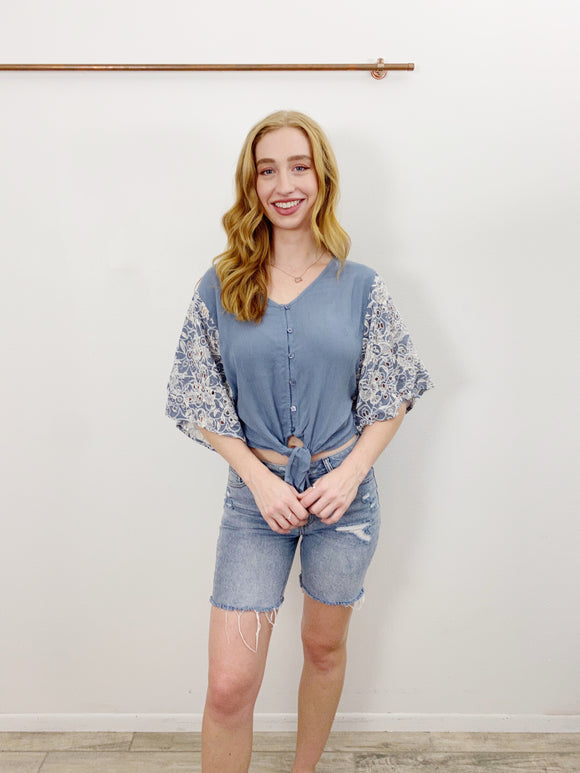 Harper by Francesca's Steel Blue Top with Embroidered Sleeves XS