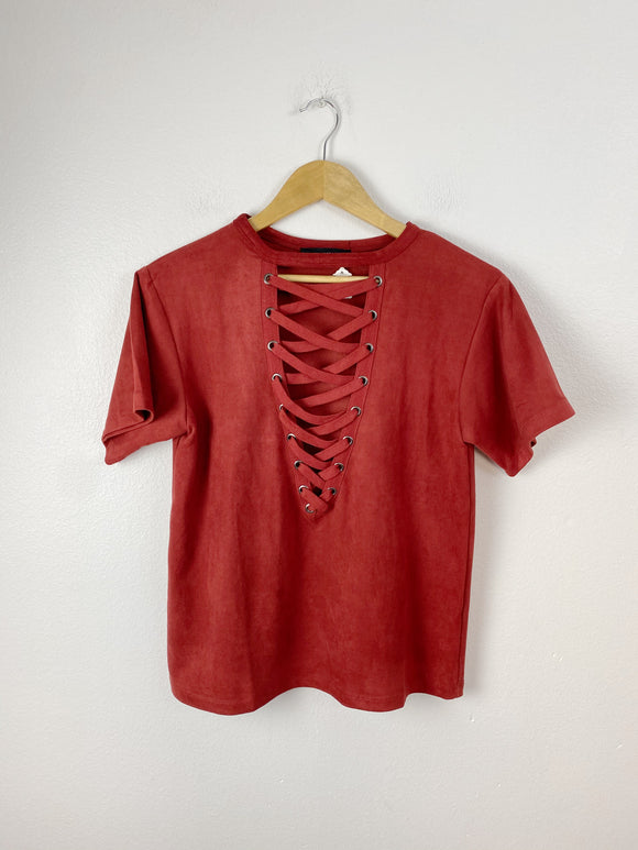OLIVACEOUS Velvet Rust Lace-up Top NWT Small