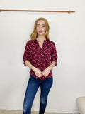 PRIMARK Burgundy Bow Printed 3/4 sleeve Blouse size 10 Top