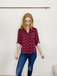 PRIMARK Burgundy Bow Printed 3/4 sleeve Blouse size 10 Top