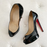 Christian Louboutin Lady Peep Toe Black Patent Leather Heels 37