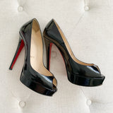 Christian Louboutin Lady Peep Toe Black Patent Leather Heels 37