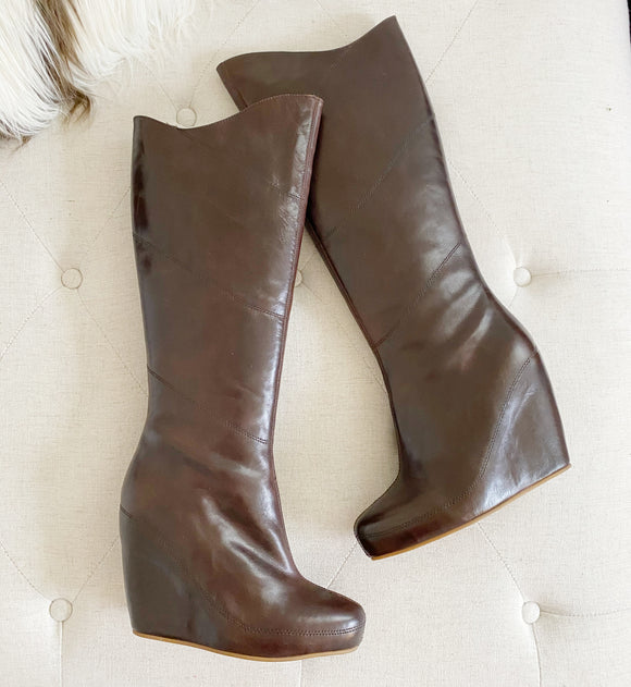 MATIKO Leather Wedge Knee High Boots 8