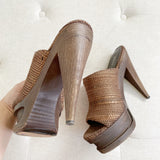 Elizabeth and James Woven Leather Wooden Platform Heels 8