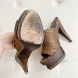 Elizabeth and James Woven Leather Wooden Platform Heels 8