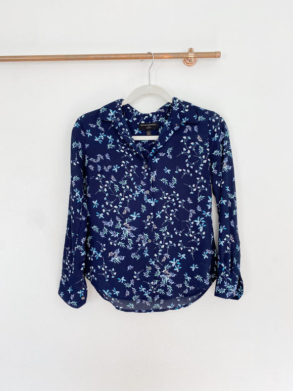 Banana Republic Navy Floral Silk button down Top XXS