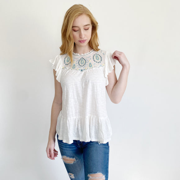 Lucky Brand Embroidered Ruffle Blouse NWT S