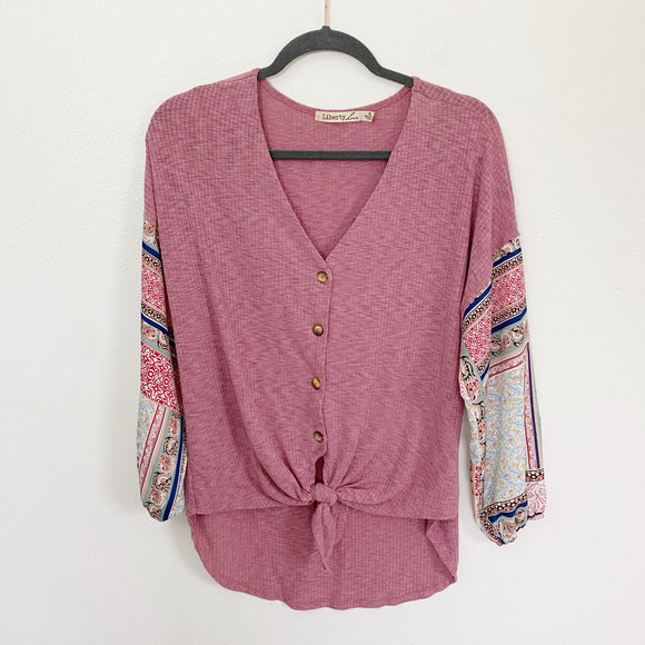 Liberty Love Henley Boho Silk Sleeve Blouse Medium