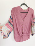 Liberty Love Henley Boho Silk Sleeve Blouse Medium