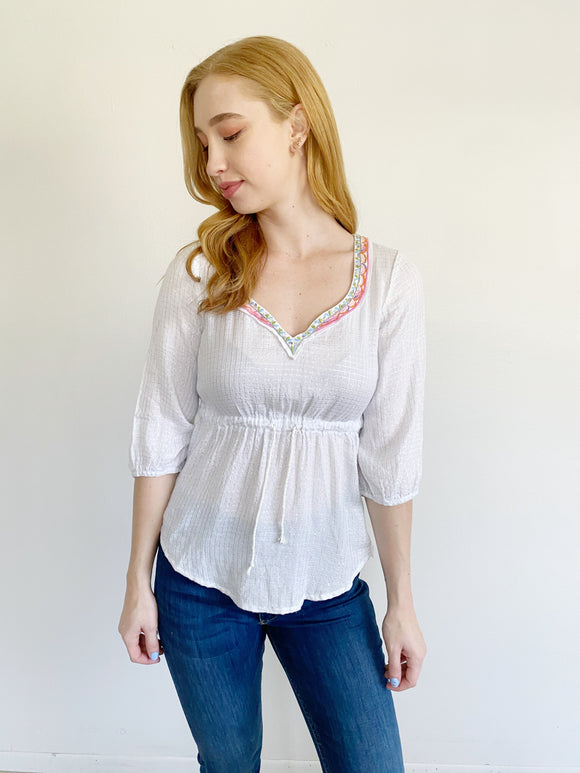 FREE PEOPLE Embroidered Metallic Stitch Peasant Top XS