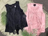 Black Fringe Sleeveless Cardigan - L